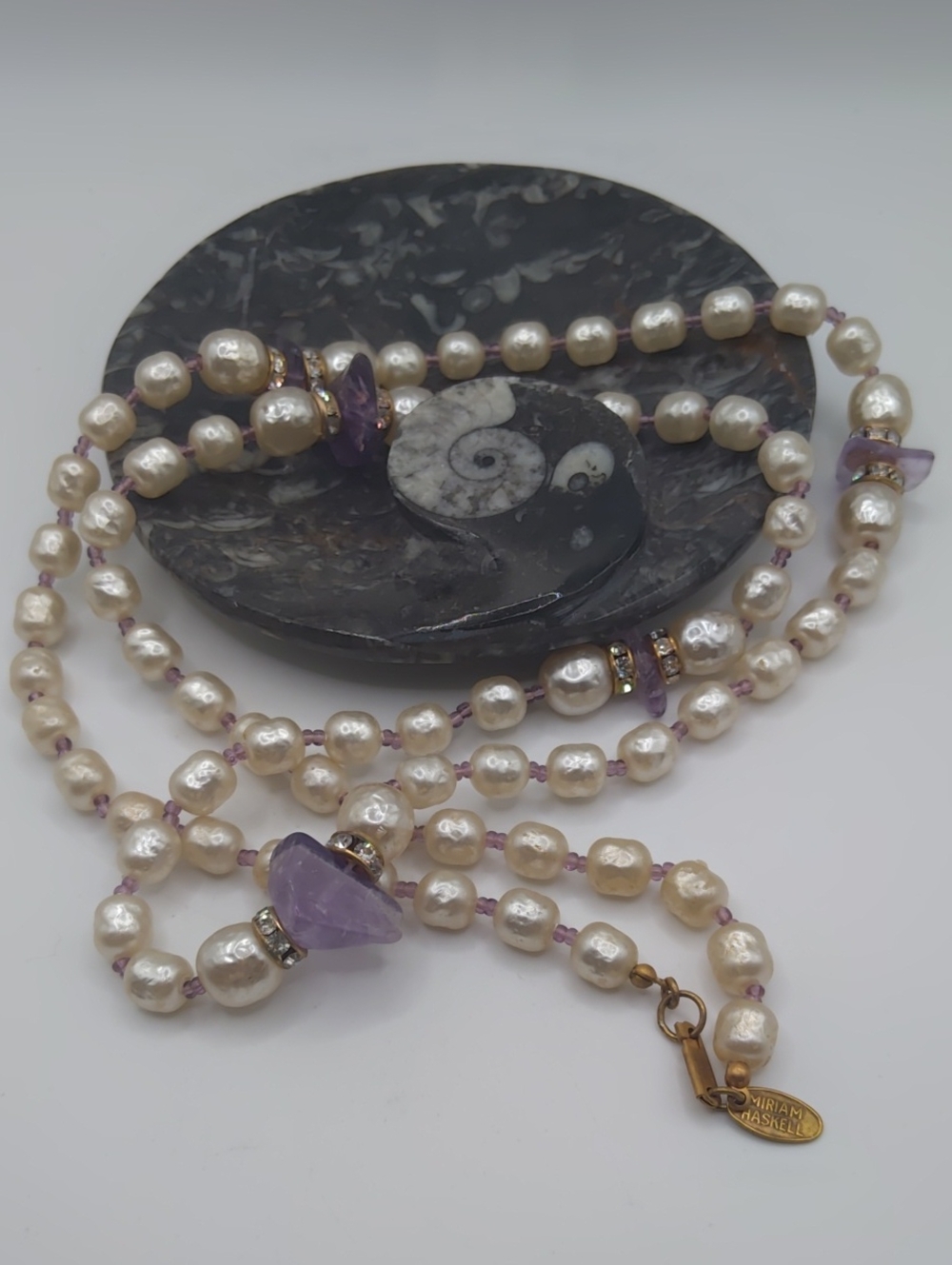 Miriam Haskell Glass Pearl and Amethyst Necklace